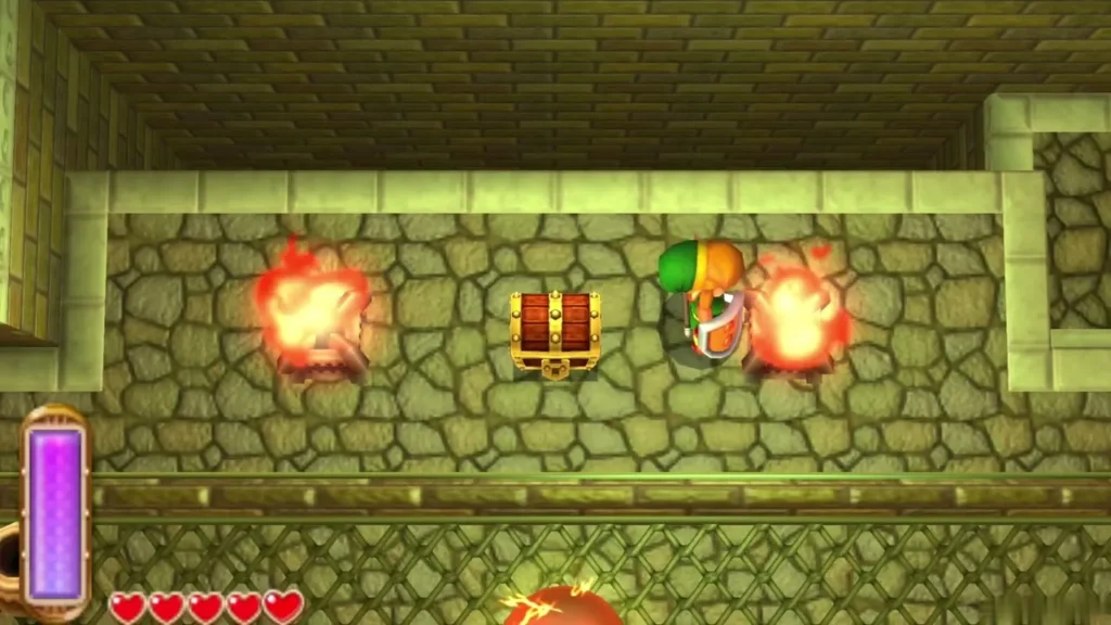 Both torches burning in the room, with a closed chest between them Both torches burning in the room, with a closed chest between them