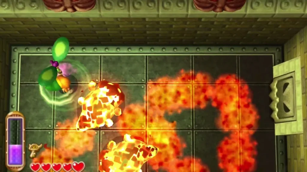 Link in a Tornado Rod gust beside a Heedle as lava spreads across the floor Link in a Tornado Rod gust beside a Heedle as lava spreads across the floor