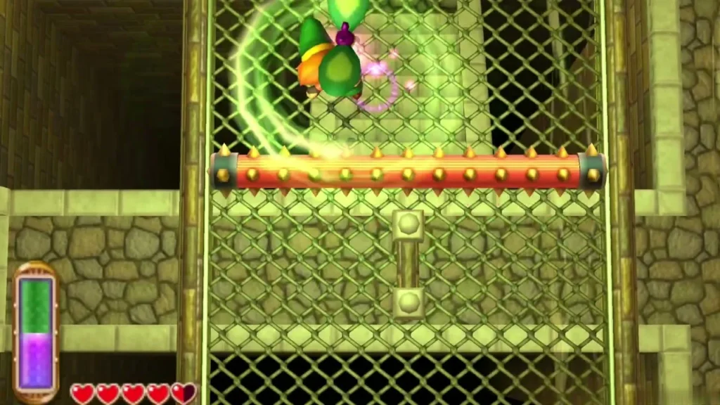 Link hovering in a Tornado Rod gust above the spiked roller Link hovering in a Tornado Rod gust above the spiked roller