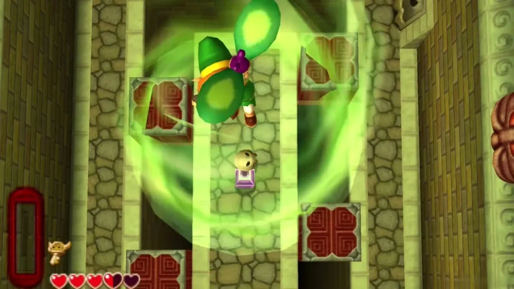 Link spinning the green Tornado Rod over a Fire Bubble whose flame is out Link spinning the green Tornado Rod over a Fire Bubble whose flame is out