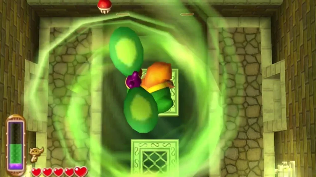 Link spinning inside the green Tornado Rod gust over the platform Link spinning inside the green Tornado Rod gust over the platform