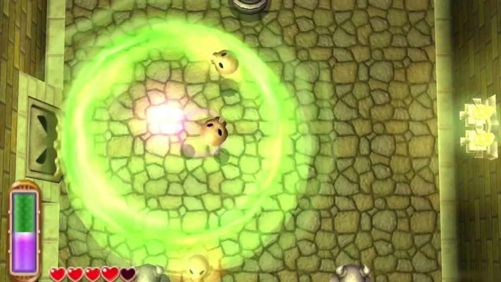 Link swinging the Tornado Rod to blow out the Fire Bubbles in the room Link swinging the Tornado Rod to blow out the Fire Bubbles in the room
