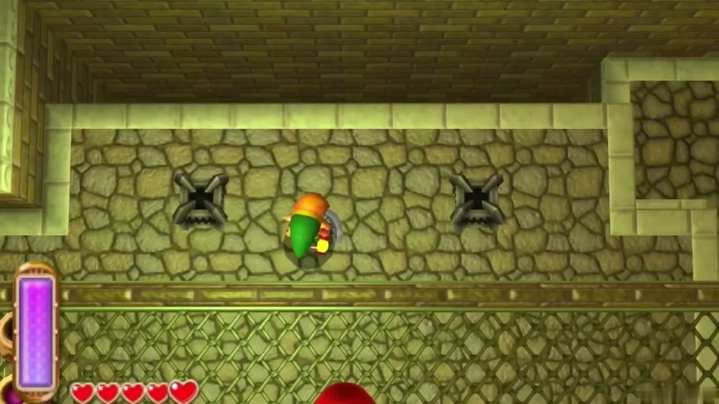 Link standing between two unlit torches in the dark torch room Link standing between two unlit torches in the dark torch room