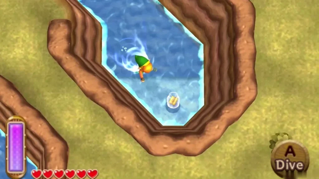 Link swimming in Lake Hylia toward a bottle floating on the water Link swimming in Lake Hylia toward a bottle floating on the water