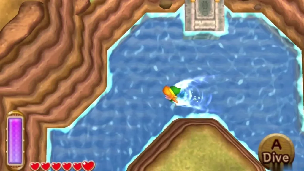 Link swimming in the shallow pool just south of the dungeon island in Lake Hylia Link swimming in the shallow pool just south of the dungeon island in Lake Hylia