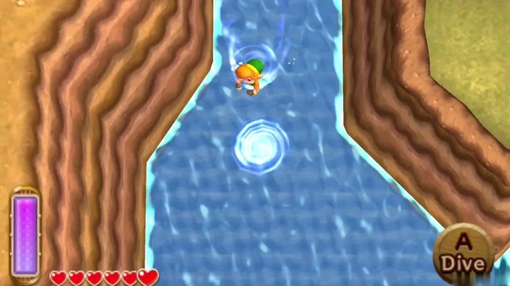 Link swimming in a narrow channel of Lake Hylia past a swirling water ring Link swimming in a narrow channel of Lake Hylia past a swirling water ring