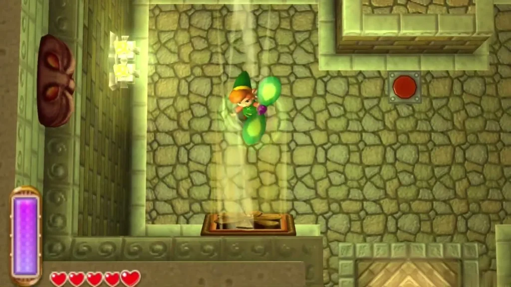 Link riding a wall fan updraft above a floor button in the House of Gales Link riding a wall fan updraft above a floor button in the House of Gales