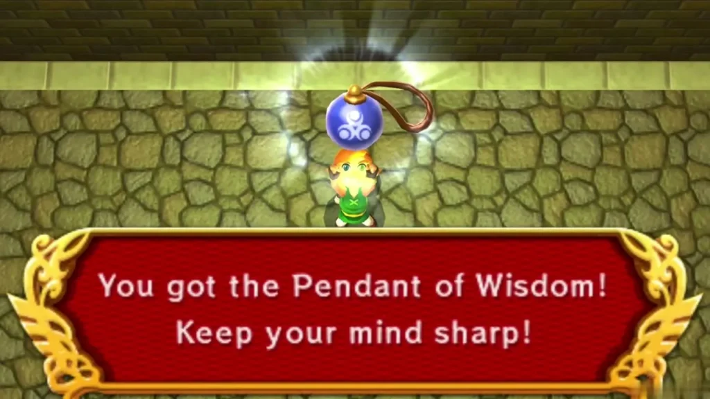 Link holding up the Pendant of Wisdom with its name box on screen Link holding up the Pendant of Wisdom with its name box on screen