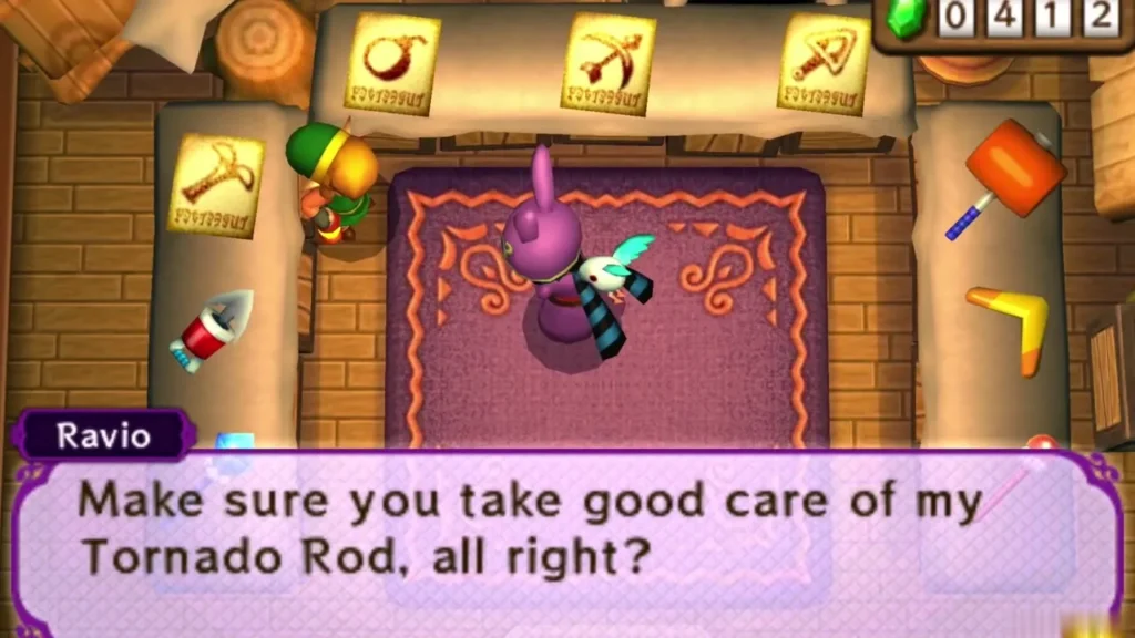 Ravio speaking to Link in his shop beside the Tornado Rod display Ravio speaking to Link in his shop beside the Tornado Rod display