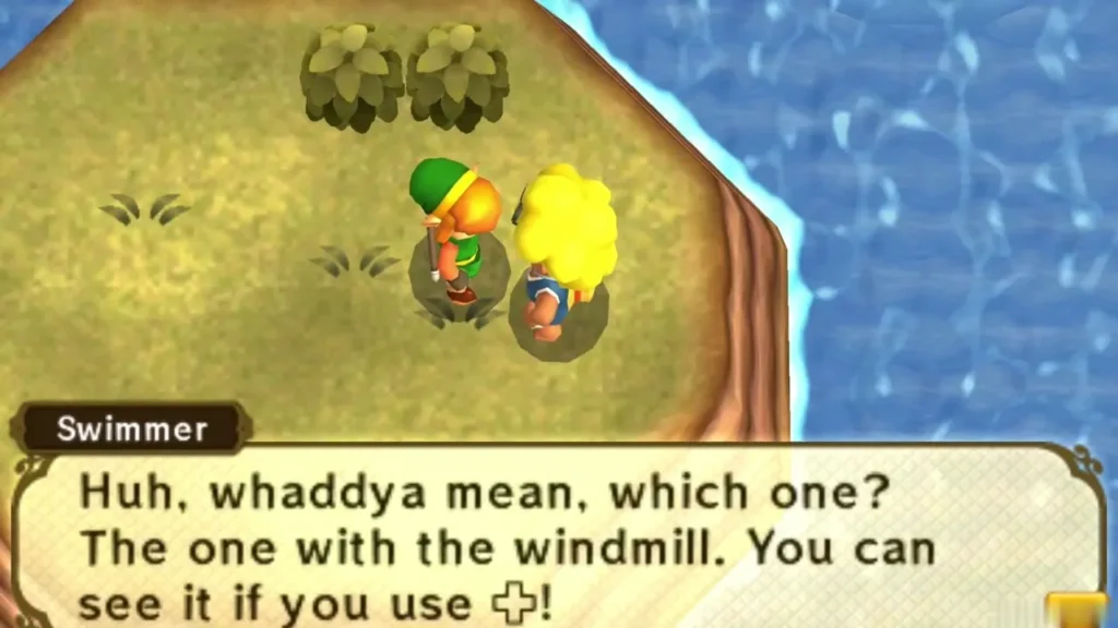 A swimmer on a small isle telling Link that the windmill building is the one to find A swimmer on a small isle telling Link that the windmill building is the one to find
