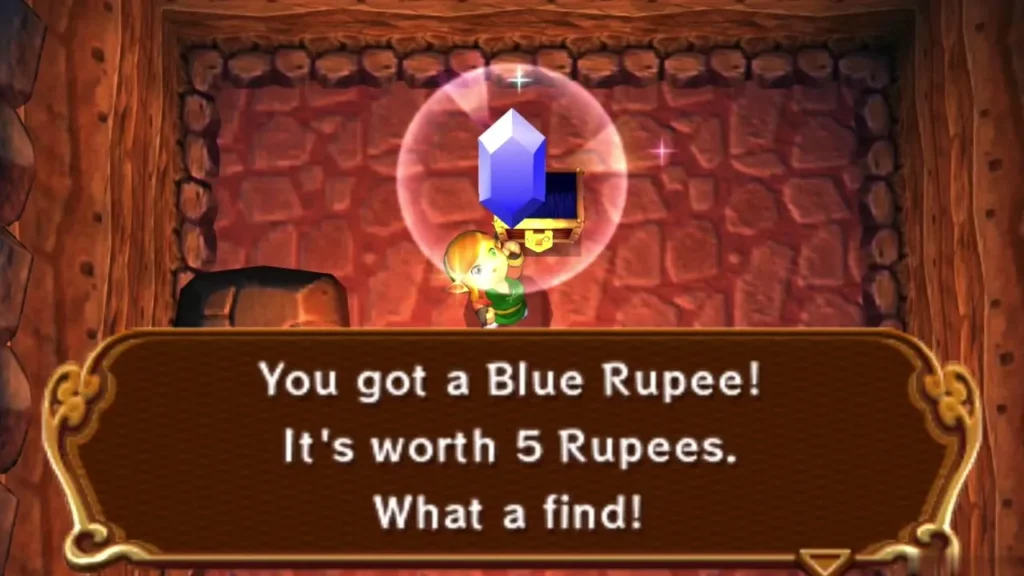 Link holding up a Blue Rupee with the 'You got a Blue Rupee' message box Link holding up a Blue Rupee with the 'You got a Blue Rupee' message box