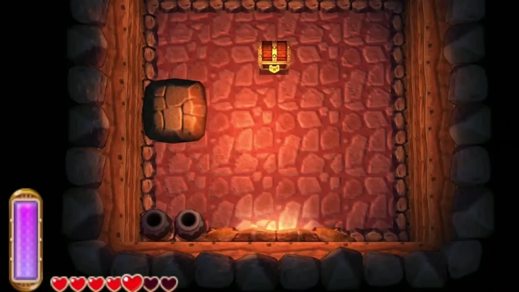 Link in the red-rock side cave, with the chest in the top corner of the room Link in the red-rock side cave, with the chest in the top corner of the room