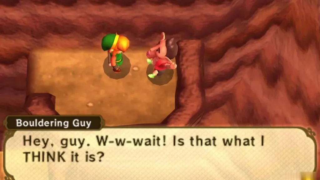 Bouldering Guy on a red-rock ledge asks Link if that is what he thinks it is, the message box fully shown Bouldering Guy on a red-rock ledge asks Link if that is what he thinks it is, the message box fully shown