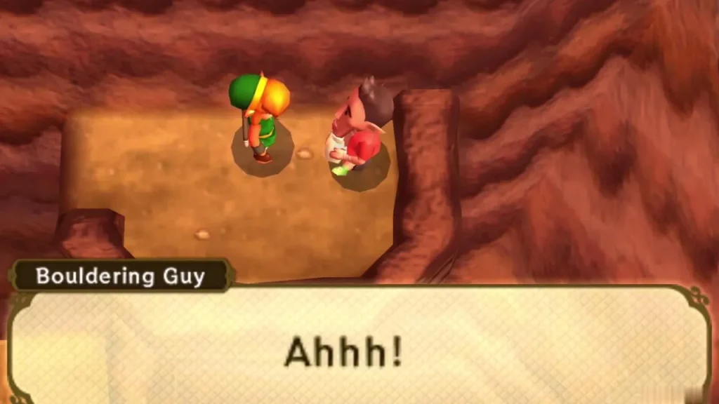 Bouldering Guy on the mine ledge drinking the Premium Milk, his dialogue box up Bouldering Guy on the mine ledge drinking the Premium Milk, his dialogue box up