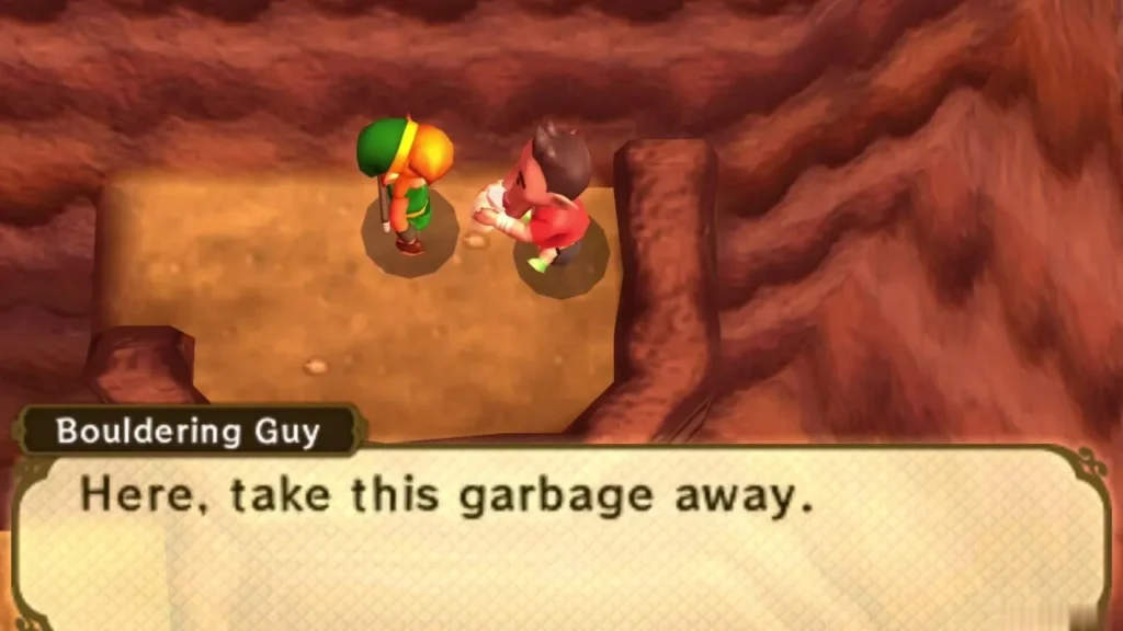 Bouldering Guy holding out the empty bottle to Link on the ledge, saying take this garbage away Bouldering Guy holding out the empty bottle to Link on the ledge, saying take this garbage away