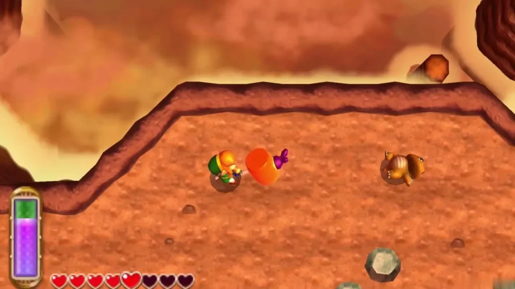 Link slashing at an enemy in the dirt field east of the Weather Vane, with rocks scattered around Link slashing at an enemy in the dirt field east of the Weather Vane, with rocks scattered around