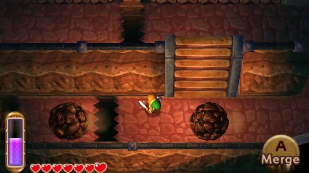 Link at a gap in the cave stairs with the Merge prompt and boulders on both sides Link at a gap in the cave stairs with the Merge prompt and boulders on both sides