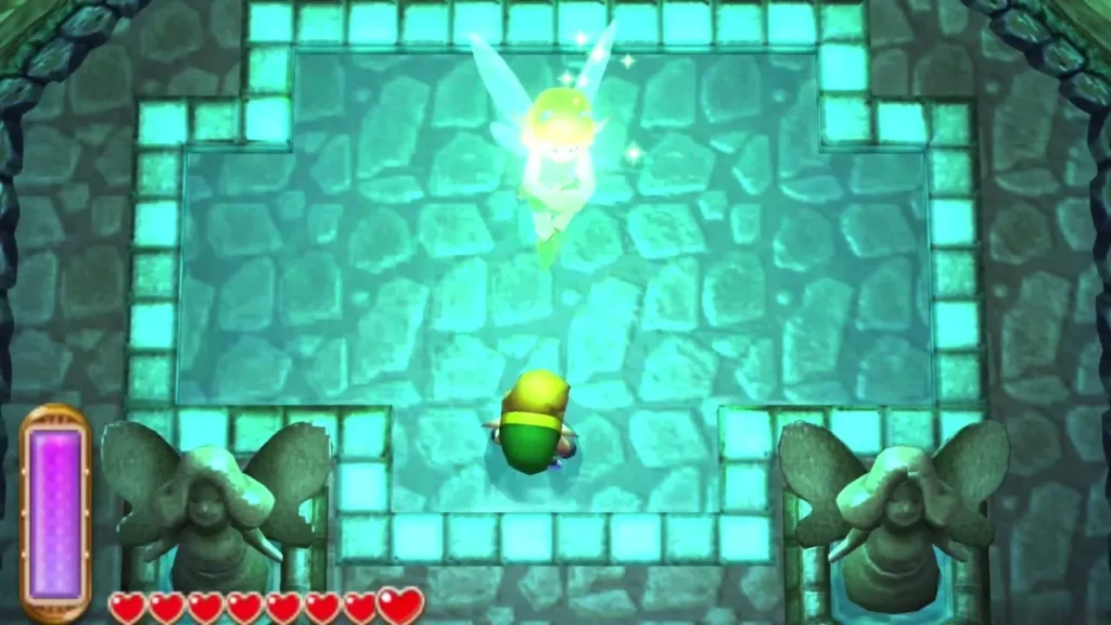 Link standing on the glowing fountain tiles with the Great Fairy above him, restoring his hearts Link standing on the glowing fountain tiles with the Great Fairy above him, restoring his hearts