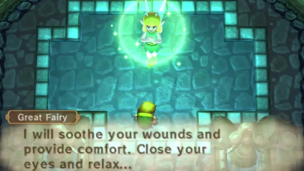 The Great Fairy hovering over the glowing fountain tiles in the cave, speaking to Link The Great Fairy hovering over the glowing fountain tiles in the cave, speaking to Link