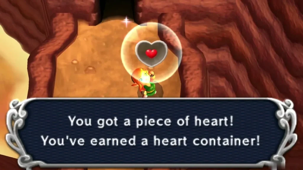 Link holding up a Heart Piece, with the box reading that he earned a heart container Link holding up a Heart Piece, with the box reading that he earned a heart container