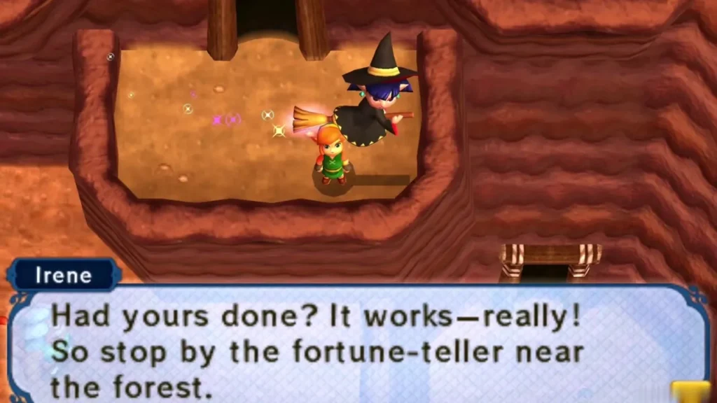 Irene on her broom in the Death Mountain room speaking to Link after he rings her bell Irene on her broom in the Death Mountain room speaking to Link after he rings her bell