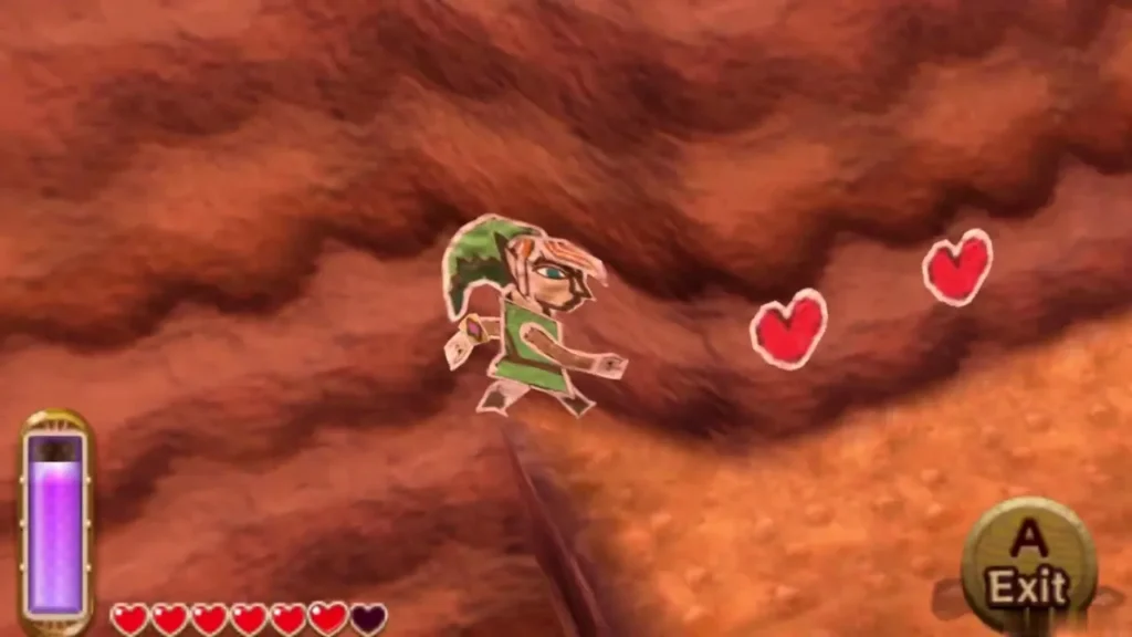 Link in the last cave beside the exit, with hearts floating nearby and an Exit prompt on screen Link in the last cave beside the exit, with hearts floating nearby and an Exit prompt on screen