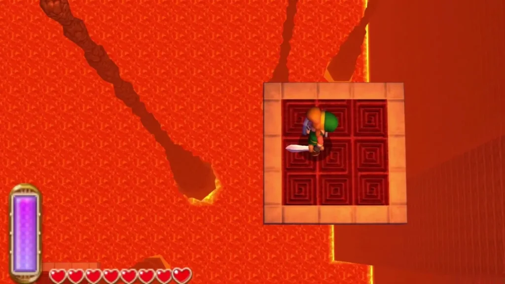 Link standing on a square stone platform floating in the lava Link standing on a square stone platform floating in the lava