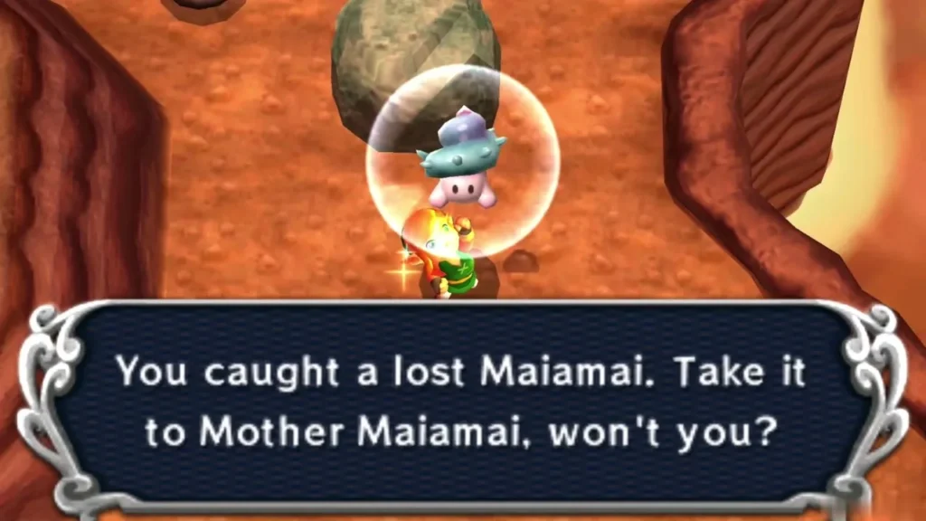 Link with a lost Maiamai caught, the box telling him to take it to Mother Maiamai Link with a lost Maiamai caught, the box telling him to take it to Mother Maiamai
