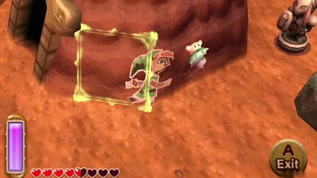 Link merged into the cliff wall beside the Treasure Hunter Cave, a Maiamai next to him Link merged into the cliff wall beside the Treasure Hunter Cave, a Maiamai next to him