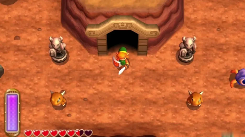 Link at the mine cave entrance between two stone statues Link at the mine cave entrance between two stone statues