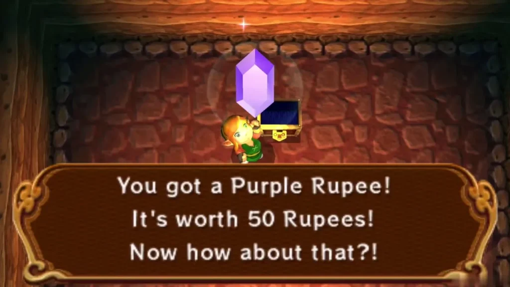 Link holding up a Purple Rupee, with the You got a Purple Rupee message box Link holding up a Purple Rupee, with the You got a Purple Rupee message box