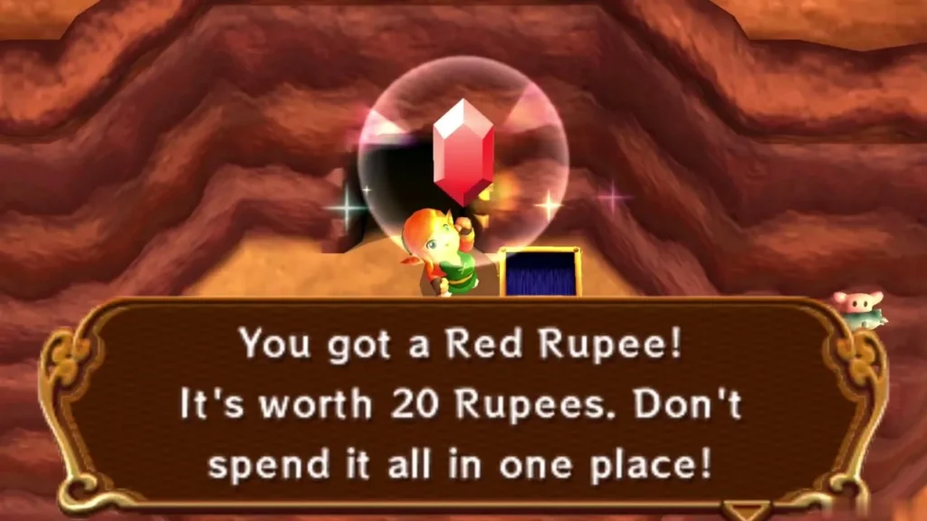 Link holding up a Red Rupee beside the chest on the side ledge Link holding up a Red Rupee beside the chest on the side ledge