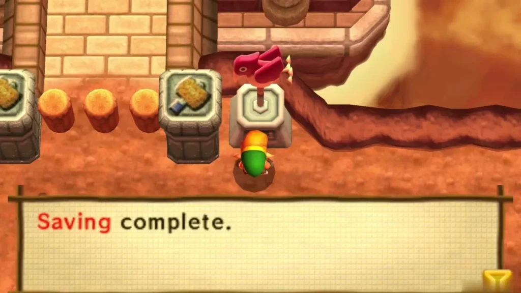 Link saving at the red weathervane outside the Tower of Hera, with the Saving complete box shown Link saving at the red weathervane outside the Tower of Hera, with the Saving complete box shown