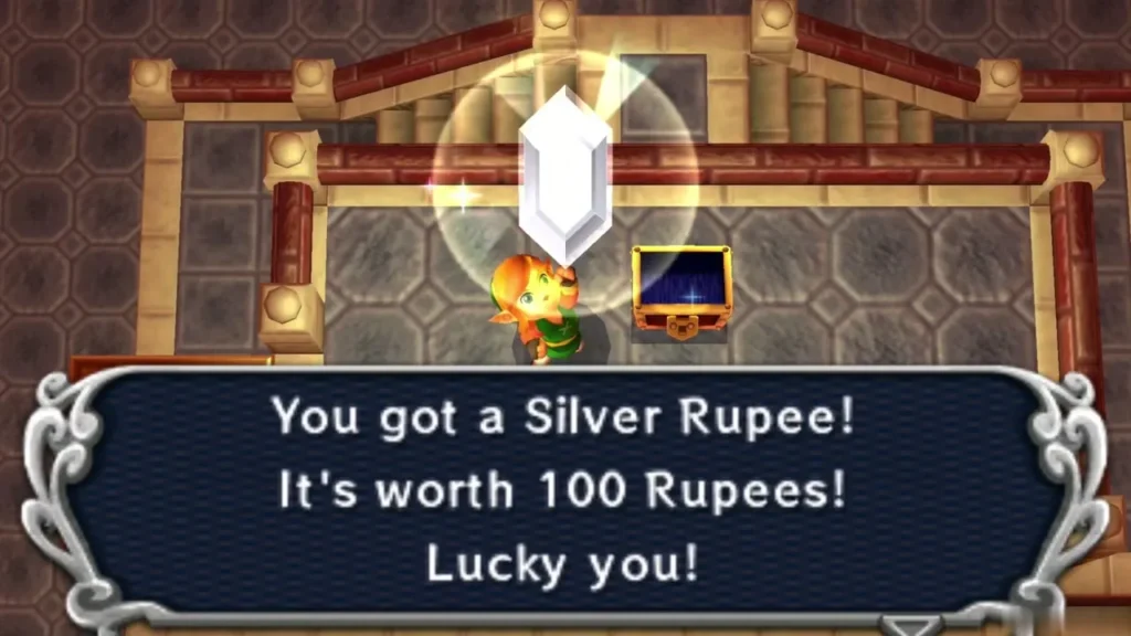 Link holding up the Silver Rupee in the Treasure Hunter Cave Link holding up the Silver Rupee in the Treasure Hunter Cave