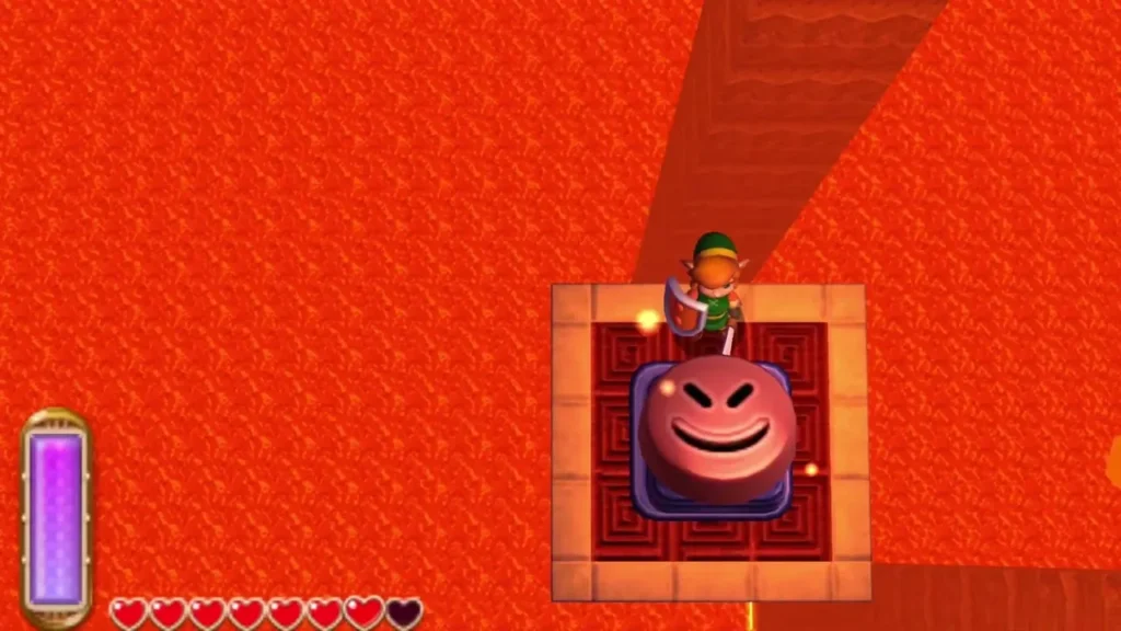Link on a smiling face block platform above the lava Link on a smiling face block platform above the lava