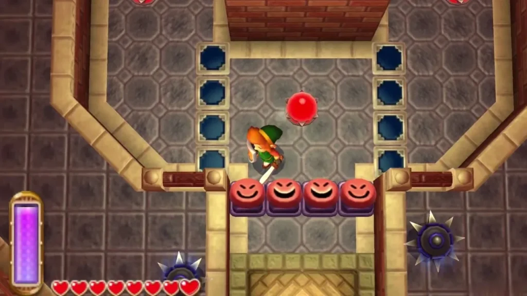 Link in the Tower of Hera chamber beside a row of lowered hammer pegs Link in the Tower of Hera chamber beside a row of lowered hammer pegs