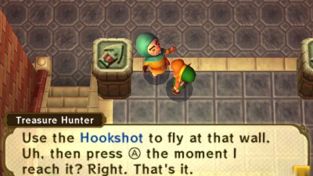 Treasure Hunter telling Link to fire the Hookshot at the wall in the cave Treasure Hunter telling Link to fire the Hookshot at the wall in the cave