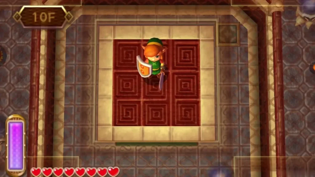 Link standing on the red floor of 10F Link standing on the red floor of 10F
