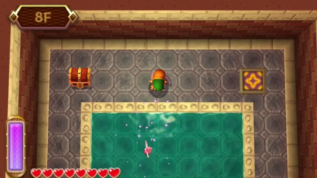 Link in the 8F pool room with a chest at the left and a fairy above the water Link in the 8F pool room with a chest at the left and a fairy above the water