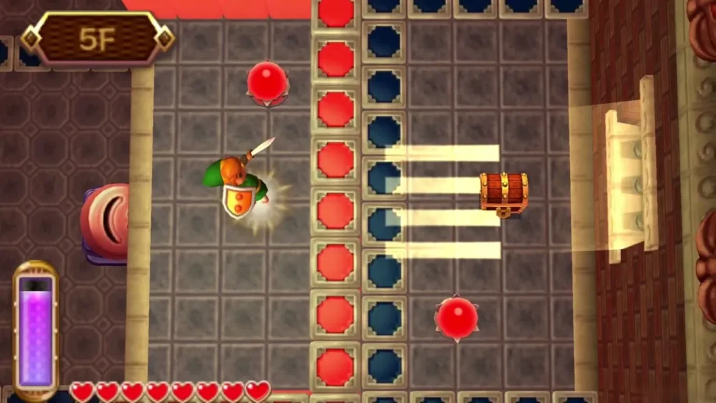 Link on 5F, the floor label shown at top left, with a chest beyond the tile barrier Link on 5F, the floor label shown at top left, with a chest beyond the tile barrier