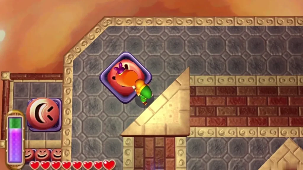 Link stepping onto a big button that launches him toward the roof Link stepping onto a big button that launches him toward the roof