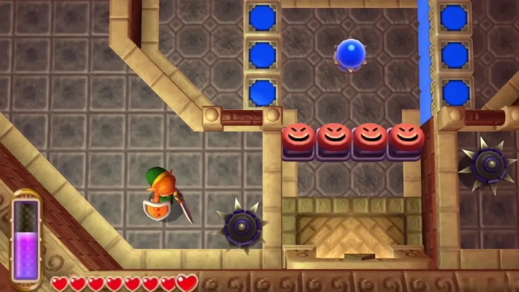 Link beside a spiked Blade Trap, with blue crystal switches and face blocks on the first floor Link beside a spiked Blade Trap, with blue crystal switches and face blocks on the first floor