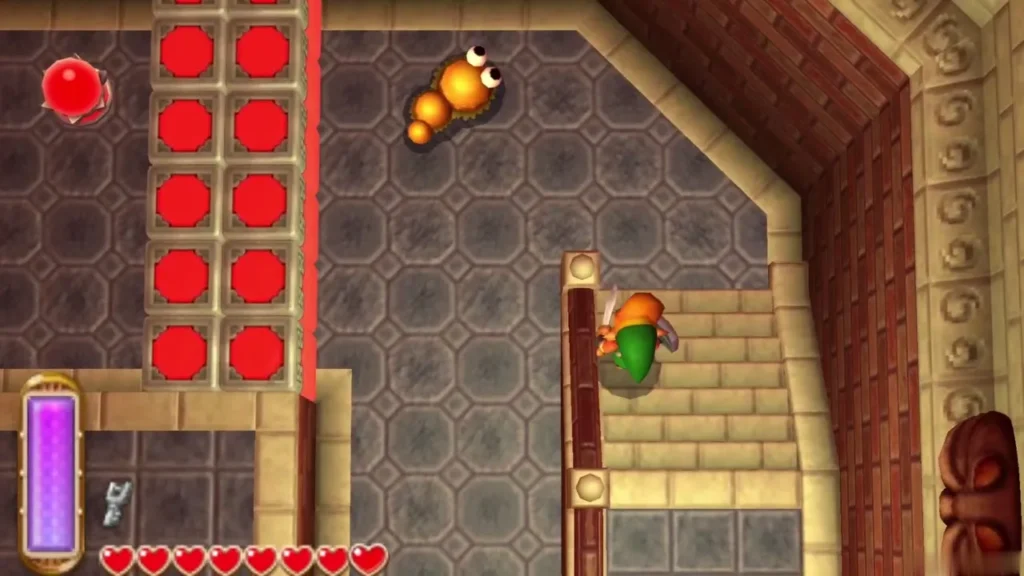 Link climbing the stone steps on the right side of the 3F room toward the east door Link climbing the stone steps on the right side of the 3F room toward the east door