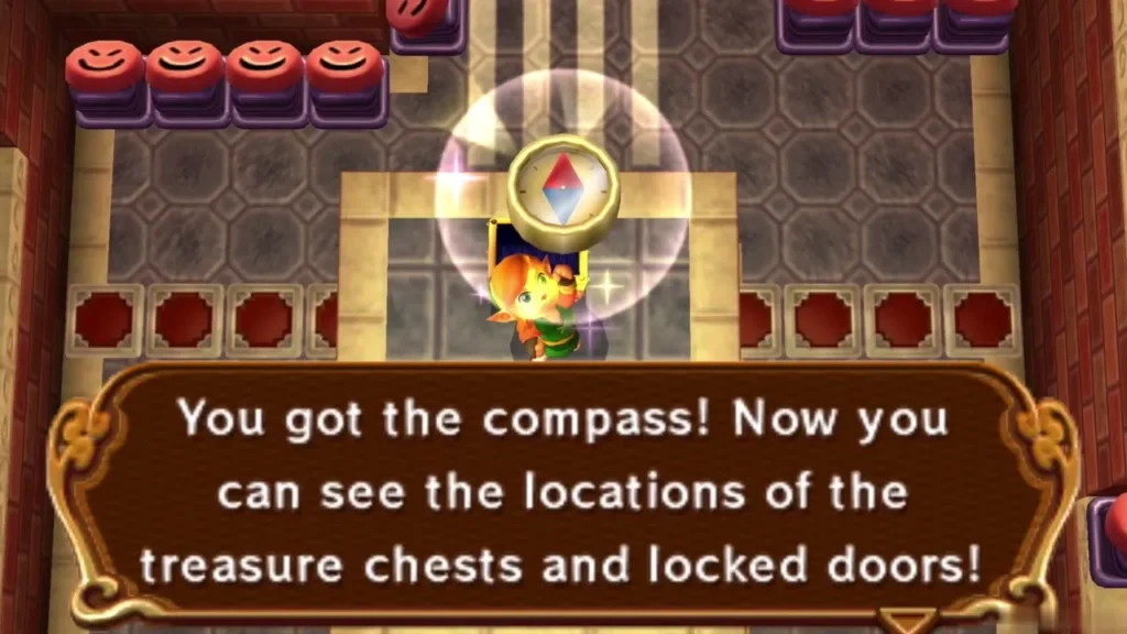 Link holding up the Compass, with its name box on the first floor of the Tower of Hera Link holding up the Compass, with its name box on the first floor of the Tower of Hera