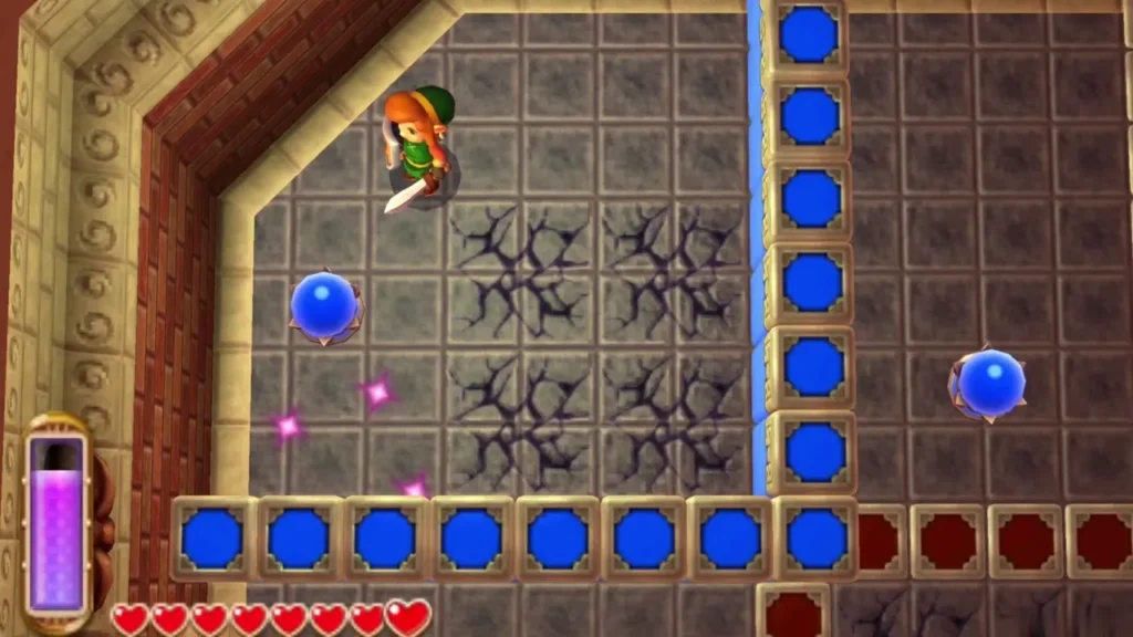 Link beside cracked floor tiles on 7F, with blue crystal switches along the edges Link beside cracked floor tiles on 7F, with blue crystal switches along the edges