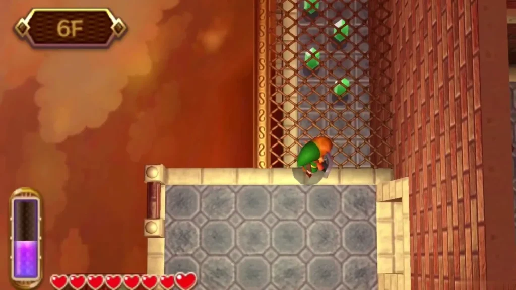 Link entering 6F, with green rupees behind a lattice grate and the 6F floor banner Link entering 6F, with green rupees behind a lattice grate and the 6F floor banner