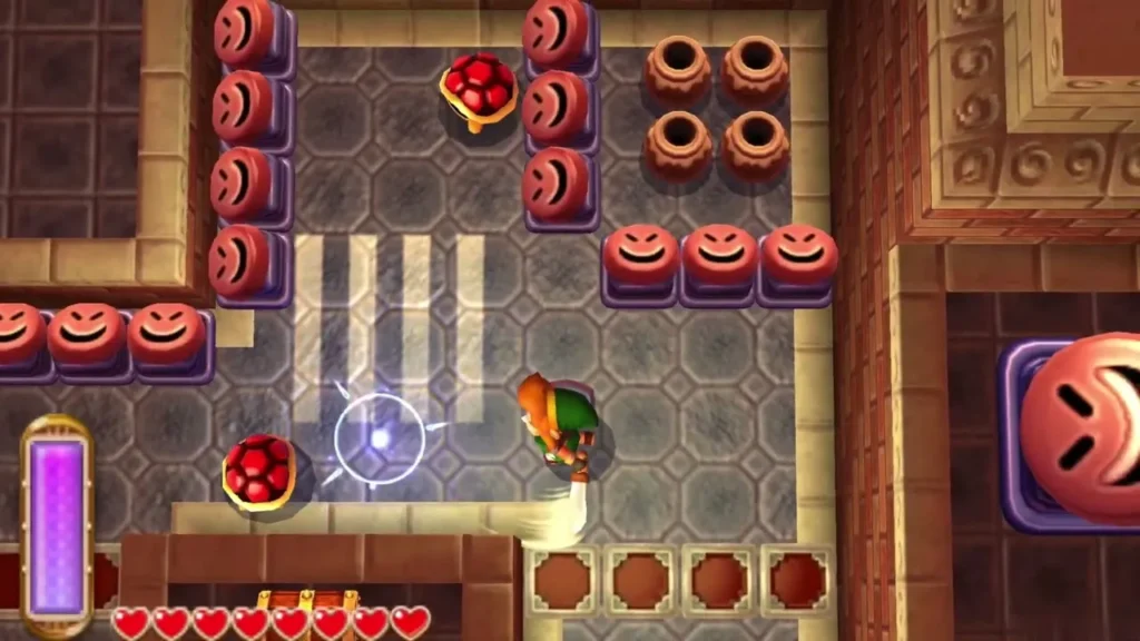 Link near the face blocks and clay pots on the first floor of the Tower of Hera Link near the face blocks and clay pots on the first floor of the Tower of Hera