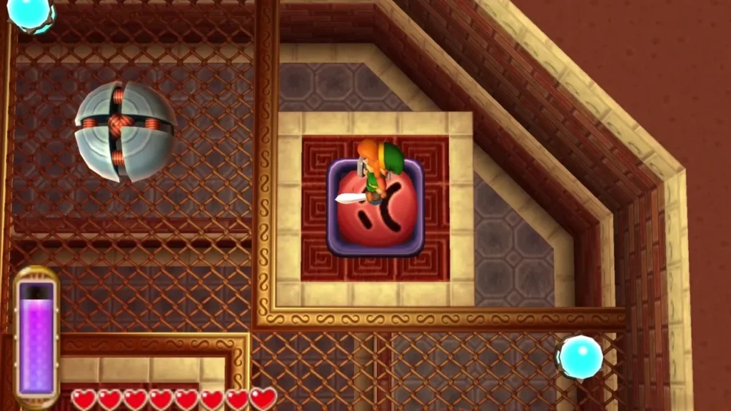 Link hammering a Mole on 11F to launch up onto a ledge Link hammering a Mole on 11F to launch up onto a ledge