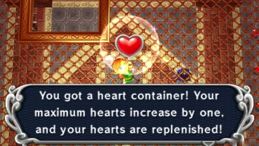 Link holding up the Heart Container with its maximum hearts box on screen Link holding up the Heart Container with its maximum hearts box on screen