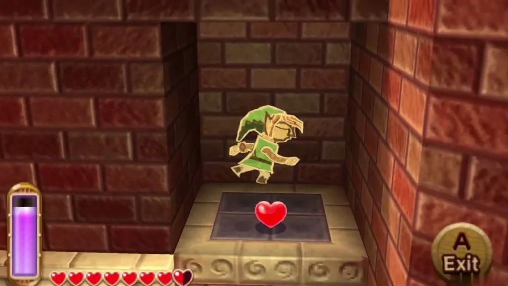 Link stands in a narrow corridor beside a heart pickup on a tiled floor Link stands in a narrow corridor beside a heart pickup on a tiled floor